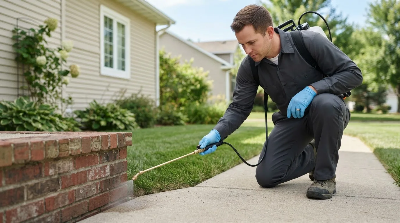 Pest control technician treating a home near Lenox, IA